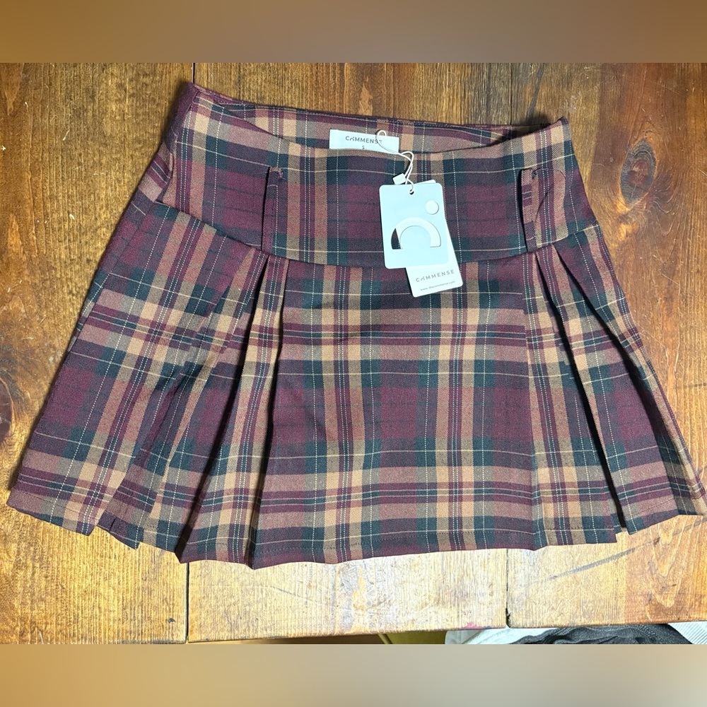 Commense Burgundy and Tan Plaid Pleated Mini Skirt